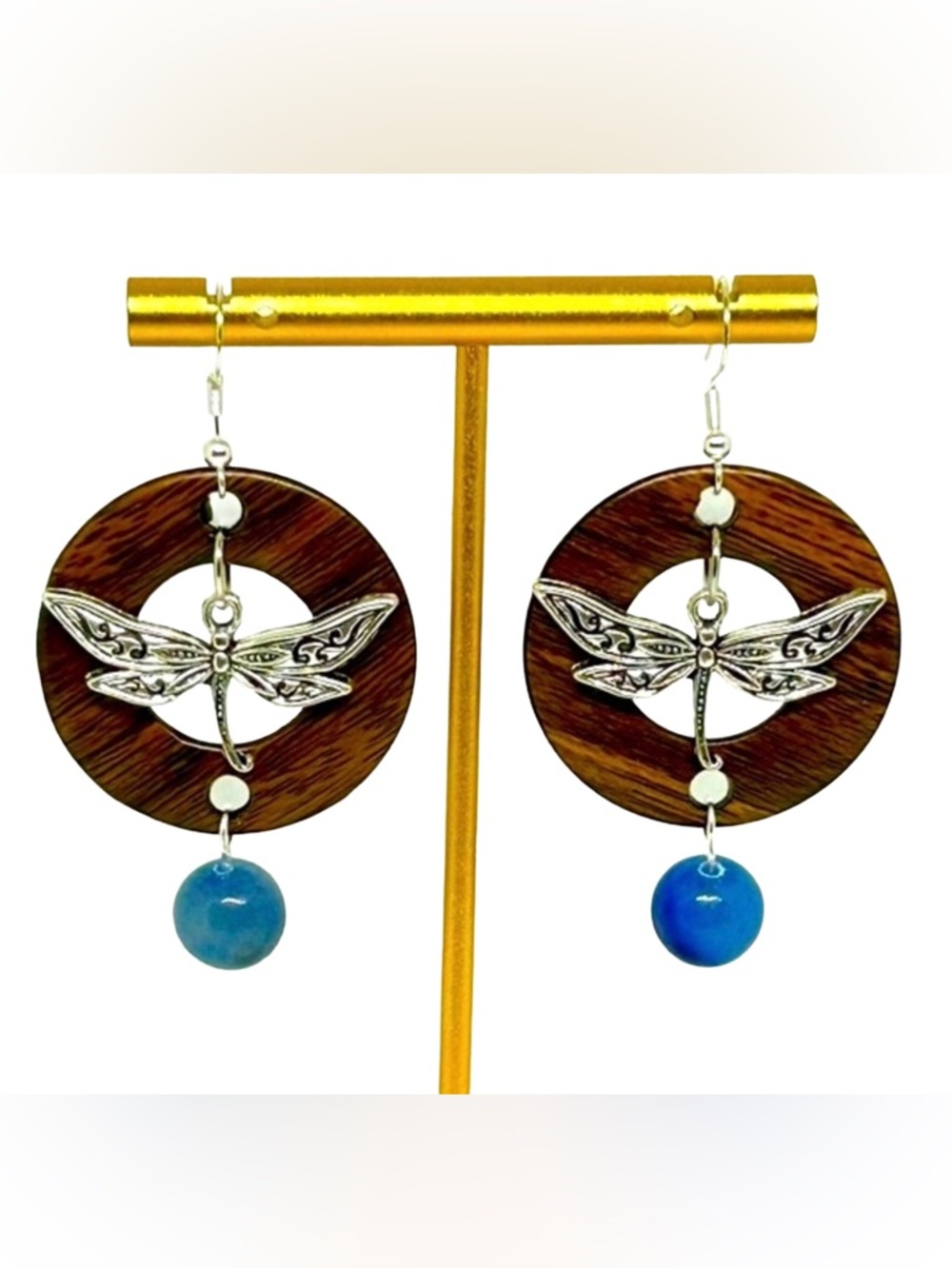 Handmade Sterling Silver & Wooden Pendant Dragonfly Statement Earrings!